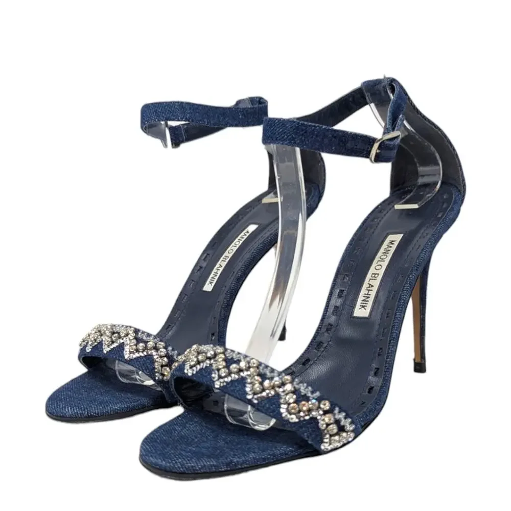 Manolo Blahnik x Rihanna limited edition Rih-Vi strappy crystal sandal denim 40